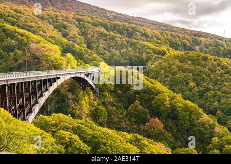 Voir l'Jogakura avec pont de la belle forêt de montagne de couleurs d'automne dans le Parc National Towada Kamaishi, dans la préfecture d'Akita, au Japon. Banque D'Images