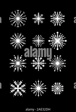 D'un simple ensemble de flocons blanc isolé sur fond noir. Graphique, illustration. Éléments d'hiver. Banque D'Images