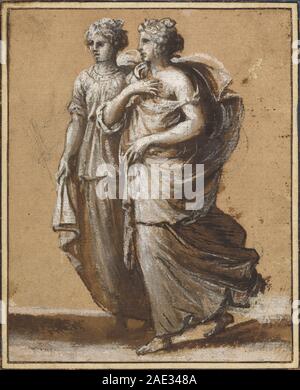 Tableau de Claude Lorrain du milieu des années 1640 montrant deux femmes en tenue classique, soulignant leur posture, leurs vêtements et le paysage environnant. Banque D'Images