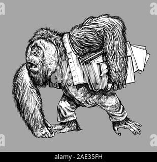 Drôle de dessin à l'orang-outang. Un grand singe avec des livres. Banque D'Images