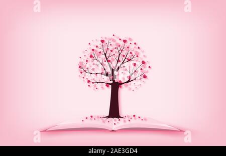 Illustration de l'amour Saint-valentin concept un arbre avec des feuilles en forme de coeur croissant sur livre ouvert dans un papier coupé style. Du papier craft numérique art. Illustration de Vecteur