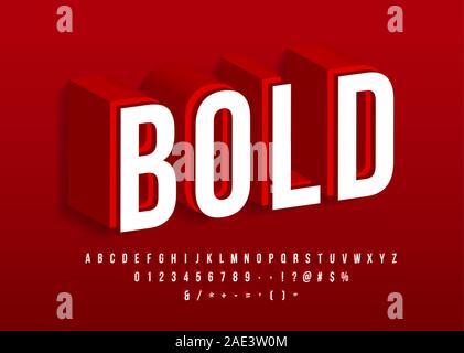 Bold police solide 3d moderne rouge alphabet texte isométrique vigueur Vector Illustration de Vecteur