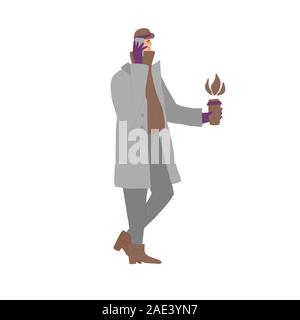 Fantaisie nature masculine sur le téléphone vêtu de vêtements chauds. Young man with coffee cup isolé sur fond blanc. Homme qui marche et parle Illustration de Vecteur