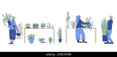 Swap fleurs. Les amateurs de plantes d'événement du club. Les personnes titulaires de leurs usines. Jeu de caractères dessinés à la main, partageant leurs arbres, les herbes, la réaction du greffon avec des amis Illustration de Vecteur