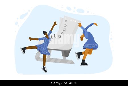 Concept de patinage artistique. Deux chers athlètes sur la patinoire et d'équipement de sport. Patin à glace énorme et petite femme portant des vêtements sportifs de montrer la danse Illustration de Vecteur