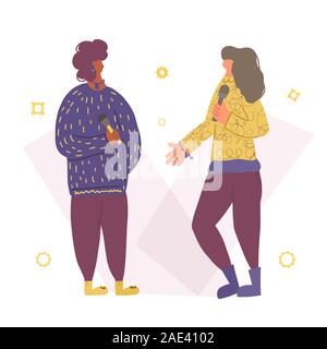 Caractères des haut-parleurs. Deux jolies femmes divers debout avec microphone. Femme debout. Les filles avec Mike en pleine longueur. Illustartio vecteur couleur plate Illustration de Vecteur