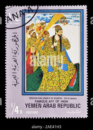 Timbre-poste imprimé en République arabe du Yémen, qui montre l'art célèbres de l'Inde, vers 1971. Banque D'Images