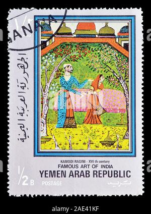 Timbre-poste imprimé en République arabe du Yémen, qui montre l'art célèbres de l'Inde, vers 1971. Banque D'Images