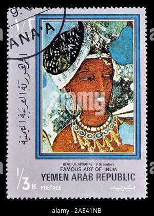 Timbre-poste imprimé en République arabe du Yémen, qui montre l'art célèbres de l'Inde, vers 1971. Banque D'Images