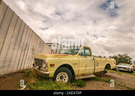 Pick-up américain d'époque dans un jardin de jonque dans le désert près de la route 66 USA Banque D'Images