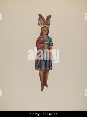 « Cigar Store Indian » d'Einar Heiberg datant de 1937 environ représente une figure en bois sculptée représentant un amérindien, traditionnellement utilisée comme enseigne de magasin pour les magasins de tabac. La sculpture met l'accent sur les traits stylisés du visage, la tenue vestimentaire, la coiffe et la posture, reflétant l'art commercial et la sculpture folklorique du début du XXe siècle. Banque D'Images