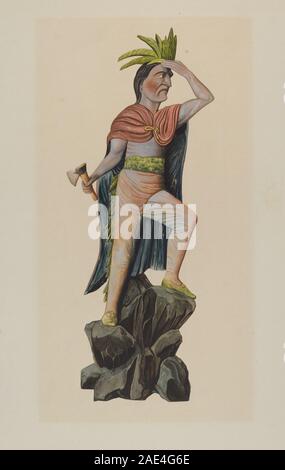 Cigar Store Indian, créé par Einar Heiberg entre 1935 et 1942, est une figure en bois sculptée représentant un amérindien, traditionnellement utilisée comme publicité pour les magasins de tabac, avec des détails peints et des vêtements stylisés. Banque D'Images