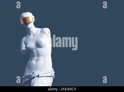 Modèle 3D'Aphrodite avec la réalité virtuelle d'or Lunettes sur fond bleu. Conception de l'art et la réalité virtuelle. Banque D'Images