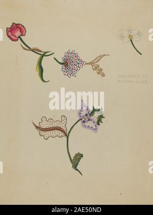 Une broderie de crayon créée vers 1936 par Fanchon Larzelere, faite à partir de fils de laine sur tissu tissé, avec des motifs floraux ou décoratifs, des motifs cousus et des travaux textiles artisanaux. Banque D'Images