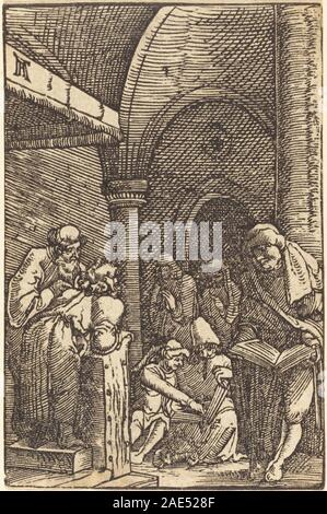 Peinture d'Albrecht Altdorfer vers 1513 représentant le Christ en discussion avec des médecins religieux, montrant des figures humaines, des gestes, un cadre architectural et une composition détaillée, reflétant les religieux de la Renaissance nordique du début du XVIe siècle Banque D'Images