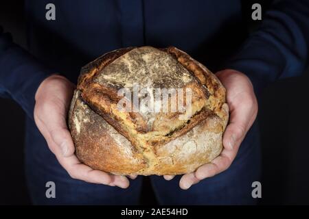 (Pain) miche ou de levain français, appelé ainsi que la douleur de campagne, sur l'affichage isolé sur un fond noir des mains. Pain de Campa Banque D'Images