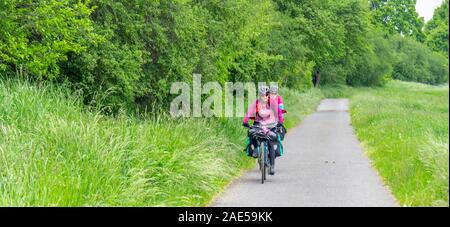 Excursions cyclistes à cheval leurs vélos sur une piste cyclable le long de la route cyclable d'Elbe Saxe Allemagne. Banque D'Images