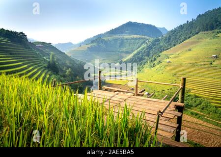 Garde-corps en bois pour les visiteurs d'admirer les champs en terrasses des peuples ethniques H'Mong à Mu Cang Chai, province de Yen Bai, Vietnam Banque D'Images