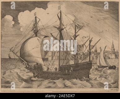 Une gravure de 1565 de Frans Huys d'après Pieter Bruegel l'ancien montrant un navire armé à quatre mâts naviguant en mer, mettant en évidence la conception du navire, le gréement et l'activité maritime du XVIe siècle. Banque D'Images