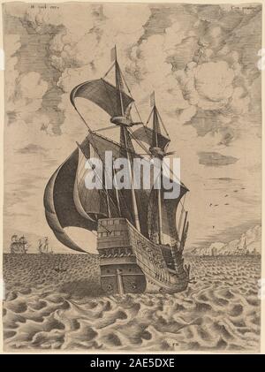 Une gravure de Frans Huys d'après Pieter Bruegel l'ancien de 1565 montrant un voilier armé à quatre mâts approchant d'un port. L'image comprend des voiles, du gréement, des bâtiments portuaires et de l'eau. Banque D'Images