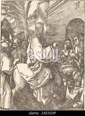 Gravure d'Albrecht Dürer vers 1509-1510 montrant le Christ entrant dans Jérusalem, représentant foules, branches de palmiers, architecture, gestes, et style de composition Renaissance. Banque D'Images