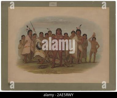 Peinture de George Catlin, créée entre 1855 et 1869, représentant des individus apachees avec de la peinture corporelle, des vêtements traditionnels et des expressions culturelles, illustrant la vie amérindienne du milieu du XIXe siècle. Banque D'Images