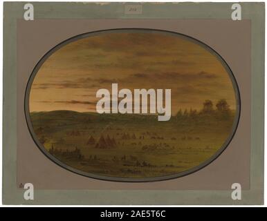 Cette peinture de George Catlin représente un campement indien au coucher du soleil entre 1861 et 1869, montrant des tipis, des figures, des paysages et des activités traditionnelles. Banque D'Images