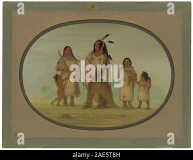 Une peinture de George Catlin datée de 1861-1869 représentant un guerrier Assinneboine avec sa famille, montrant des vêtements amérindiens, le cadre domestique et les pratiques culturelles des tribus des Plaines. Banque D'Images