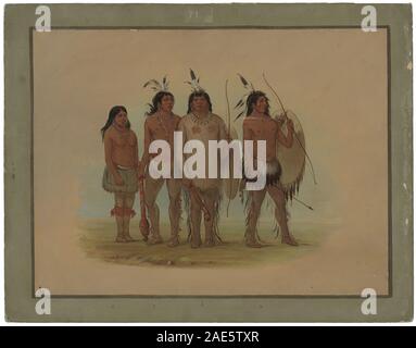 Tableau de George Catlin créé entre 1861 et 1869 montrant un chef Kiowa avec sa femme et deux guerriers, illustrant des vêtements traditionnels, des expressions faciales et des aspects de la structure sociale amérindienne. Banque D'Images