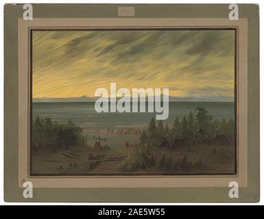 Peinture de George Catlin, créée entre 1855 et 1869, montrant le village de Nayas au coucher du soleil avec des habitations, des figures et des éléments de paysage reflétant la vie amérindienne du milieu du XIXe siècle. Banque D'Images