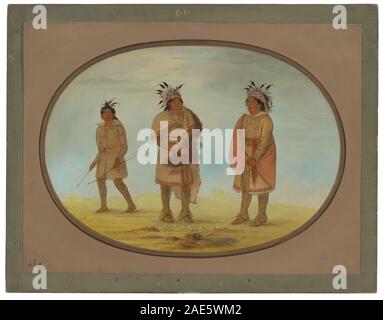 Une peinture de George Catlin de 1861-1869 représentant deux guerriers Weeah et une femme, montrant des vêtements traditionnels, une posture et des éléments culturels amérindiens. Banque D'Images