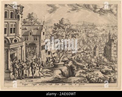 Une peinture de Gérard de Jode d'après Hans bol montrant Tobias arrivant chez Raguel, y compris des figures, l'architecture, le paysage, les gestes, et style narratif européen de la fin du XVIe siècle. Banque D'Images