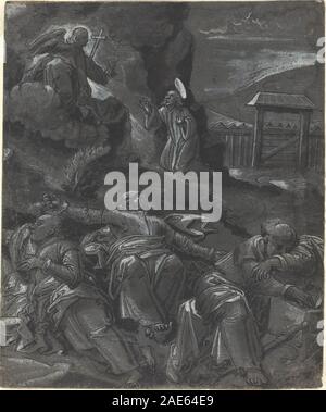 Peinture allemande du XVIe siècle vers 1600 représentant le Christ priant dans le jardin de Gethsémani, montrant des figures, des paysages, des gestes et un contexte de dévotion. Banque D'Images