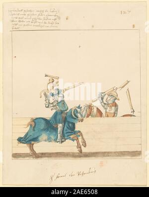 Ce manuscrit, qui fait partie de la série Freydal, illustre les tournois de l'empereur Maximilien Ier, montrant des chevaliers blindés en joutes et en combat à cheval. Produit vers 1515 en Allemagne, il reflète les pratiques martiales du XVIe siècle, l'exposition cérémonielle et la culture chevaleresque. Banque D'Images