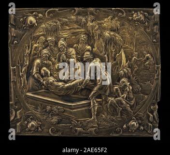 Cette peinture allemande datant d'environ 1600 représente l'enterrement d'un saint, avec des clercs et des préposés effectuant des rites funéraires. La composition met l'accent sur les rituels religieux, les vêtements cérémoniels et les expressions solennelles typiques de l'allemand du XVIIe siècle Banque D'Images