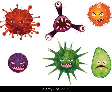 Série de dessins animés différents microbes et virus. Illustration de Vecteur