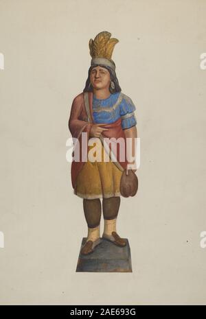 Figurine de magasin de cigares faite vers 1937 par Alice Stearns, représentant un homme amérindien, bois sculpté, décoration peinte, posture verticale et utilisation commerciale. Banque D'Images