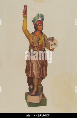 Cigar Store Indian, American 20th Century, 1935-1942, est une figure en bois sculptée utilisée comme publicité de magasin, montrant les vêtements traditionnels amérindiens, la posture et l'artisanat dans la conception d'art populaire. Banque D'Images