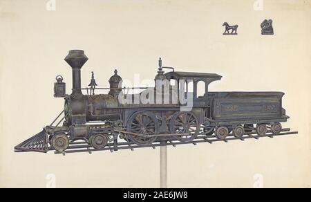 Une représentation américaine du XXe siècle de 1935-1942 d'une locomotive montrant le moteur, les roues, la cheminée, la construction métallique, la conception fonctionnelle, et de l'infrastructure ferroviaire. Banque D'Images