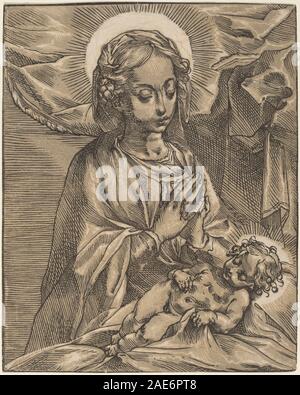 Cette estampe, "Madone et enfant", créée entre 1591 et 1593 par Andrea Andreani d'après Francesco Vanni, représente la Vierge Marie avec l'enfant Jésus. Il reflète l'iconographie religieuse et l'estampe de la Renaissance italienne. Banque D'Images