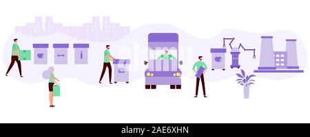Vector illustration une collecte, le transport, le tri, le recyclage des déchets par les personnes, d'un robot. Tri des déchets concept de gestion. Eco friendl Illustration de Vecteur