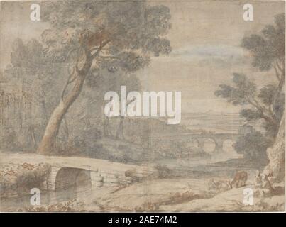 Peinture 'le reste sur la fuite en Egypte' d'après Claude Lorrain, fin du XVIIe siècle, montrant la Sainte famille au repos, le paysage, les arbres, le ciel, et le style de peinture baroque italo-français. Banque D'Images