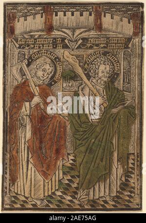 Tableau attribué à Maître d de 1450-1460 représentant les saints Matthias et Jude avec des articles du Credo, montrant des figures, des gestes, des draperies et le style religieux italien du milieu du XVe siècle. Banque D'Images