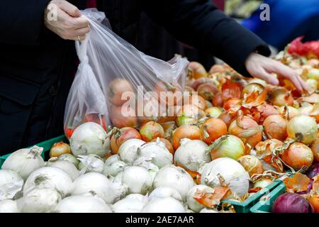 Des légumes de saison sont empilées dans des boîtes à l'épicerie. À proximité sont le jaune, le blanc et les oignons rouges. Produits naturels pour la cuisson des aliments sains. Banque D'Images