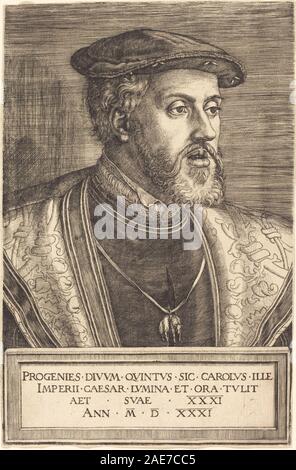 Cette œuvre représente l'empereur Charles V, empereur du Saint-Empire romain germanique de 1519 à 1556, peint par Barthel Beham en 1531. Le portrait met en valeur sa tenue royale, ses insignes impériaux et ses traits distinctifs du visage typiques des portraits de la Renaissance. Banque D'Images