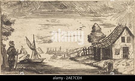 Un paysage détaillé avec une figure solitaire debout près d'un bateau sur une rive, entouré d'arbres et de collines. La composition met l'accent sur le paysage naturel et la présence humaine dans l'environnement. Banque D'Images