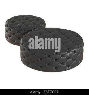 Deux poufs en cuir noir matelassé rond sur un fond isolé. 3D render Banque D'Images