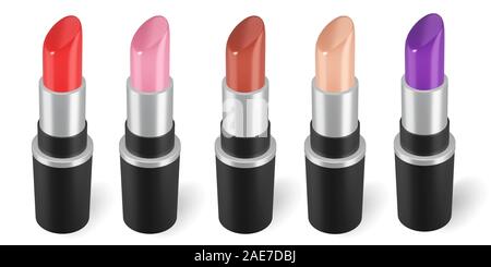 Rouge à lèvres de rendu 3d divers tons de couleurs palette de teintes rose, vin, vineux, conception de maquettes isolé sur fond blanc avec chemin de détourage. Belle Banque D'Images