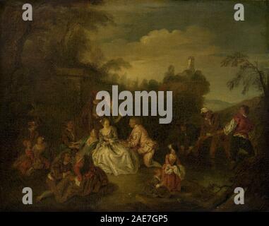 Peinture d'après Jean-Baptiste Joseph Pater, XVIIIe ou XIXe siècle, montrant des pêcheurs présentant des cadeaux, des figures, des bateaux, de l'eau, des gestes, paysage, et scène maritime. Banque D'Images