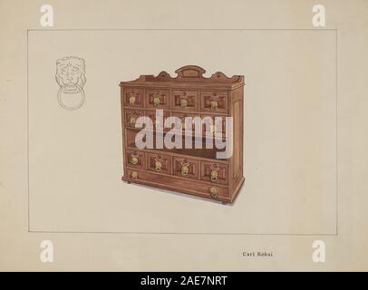 Table de majordome créée par Carl Keksi circa 1936, montrant dessus plat, tiroirs, pieds, matériau en bois, finition, et design de meubles fonctionnels pour servir. Banque D'Images
